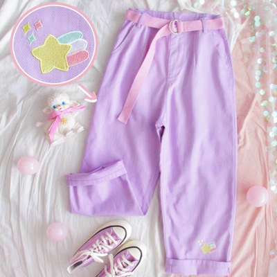 Harajuku Star Embroidery Violet Pants