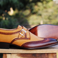 Handmade Brown Tan Monk Strap Leather shoes for Men's - Thumbnail 1
