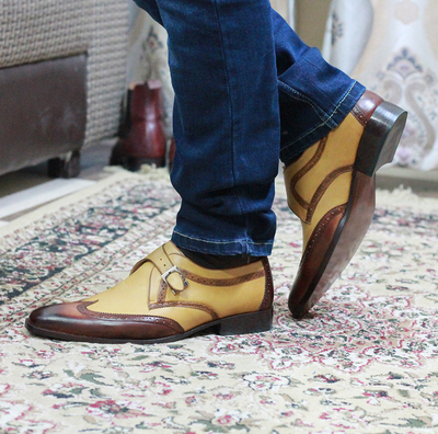 Handmade Brown Tan Monk Strap Leather shoes for Men's