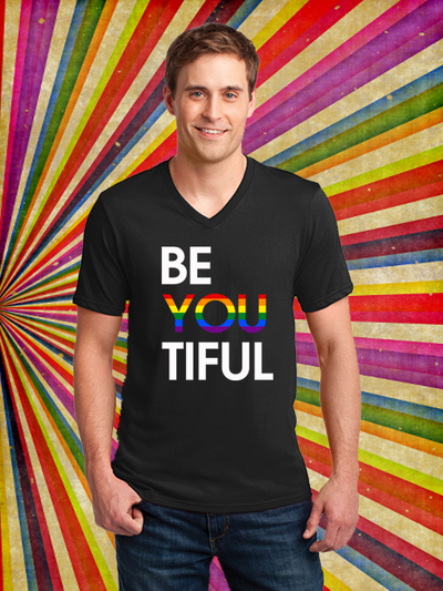 BeYOUtiful Rainbow Black V-neck T-shirt