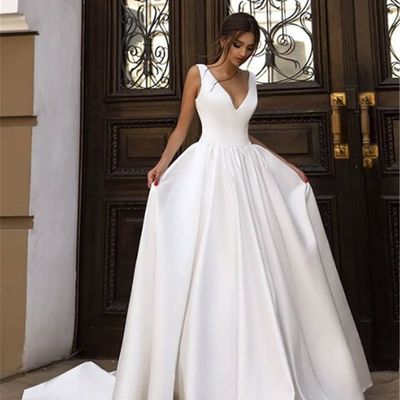 Elegant a-line v neck open back white satin wedding dresses with train,simple wedding gown - Thumbnail 4