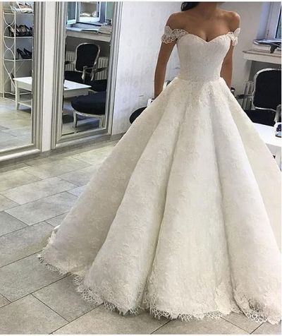 Romantic Ball Gown Off the Shoulder White Lace Wedding Dresses,Bridal Gown 2019