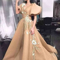Princess A-Line V Neck Bell Sleeve Gold Satin Long Prom Dresses with Appliques,Evening Party Dresses - Thumbnail 1