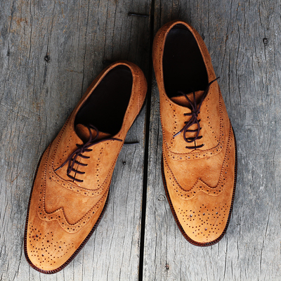 Handmade tan lace up suede shoes, men's wingtip brogue casual shoes - Thumbnail 4