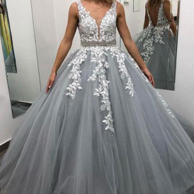 A line v neck long gray prom dress with beading - Thumbnail 5