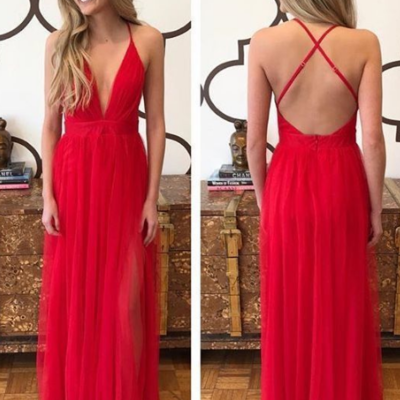 Sexy backless red tulle prom dresses ,long evening dresses - Thumbnail 5