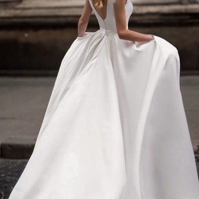 Beauty mermaid a-line long satin wedding dresses with pockets - Thumbnail 5