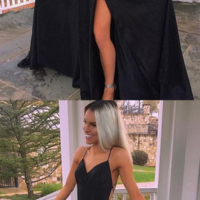 Floor-Length Spaghetti Straps A-Line Black Prom Dress with Split - Thumbnail 1