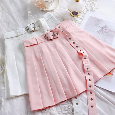 Sweet high waist love belt waist pleated skirt
