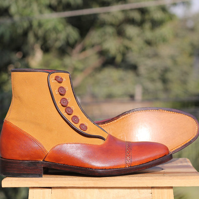 Men's handmade tan brown ankle boots, button top cap toe designer boots for men - Thumbnail 3