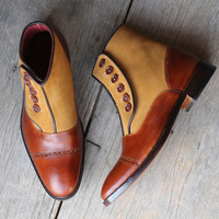 Men's Handmade Tan Brown Ankle Boots, Button Top Cap Toe Designer Boots for Men - Thumbnail 2