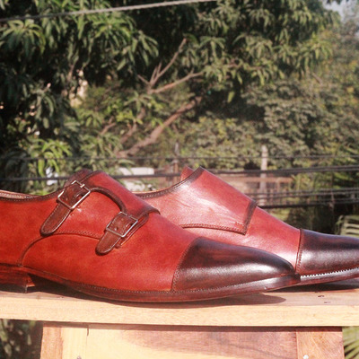 Handmade two shaded brown leather shoes, men's cap toe double monk formal shoes - Thumbnail 2
