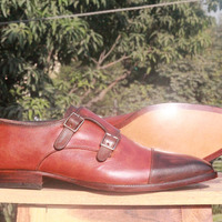 Handmade Two Shaded Brown Leather shoes, Men's Cap Toe Double Monk Formal Shoes - Thumbnail 1