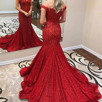 Glamorous Mermaid Off the Shoulder Dark Red Lace Long Prom Dresses,Evening Party Dresses - Thumbnail 1