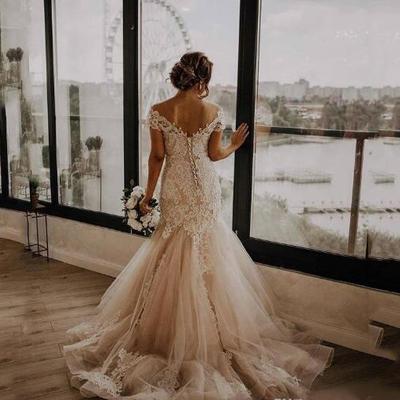 Elegant short sleeves lace mermaid wedding dresses with appliques off shoulder sweep train tulle wedding dress bridal gowns - Thumbnail 4