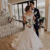 Elegant Short Sleeves Lace Mermaid Wedding Dresses with Appliques Off Shoulder Sweep Train Tulle Wedding Dress Bridal Gowns - Thumbnail 2
