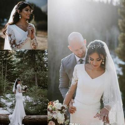 Country wedding dresses long sleeve v neck lace applique bridal gowns with crystal sash elastic satin sweep train wedding bridal gowns