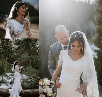 Country Wedding Dresses Long Sleeve V Neck Lace Applique Bridal Gowns With Crystal Sash Elastic Satin Sweep Train Wedding Bridal Gowns