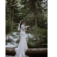 Country Wedding Dresses Long Sleeve V Neck Lace Applique Bridal Gowns With Crystal Sash Elastic Satin Sweep Train Wedding Bridal Gowns - Thumbnail 1