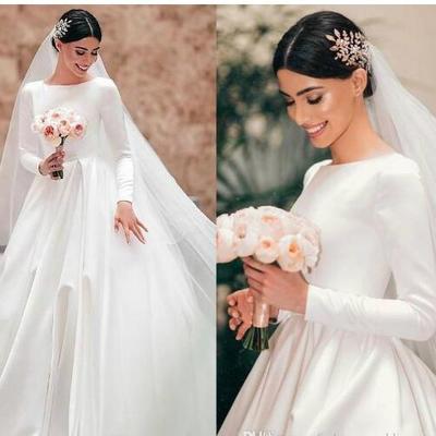 wedding dresses modest satin bateau neck long sleeves sweep train plus size country bridal gowns vestidos de noiva