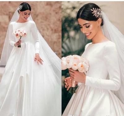 Wedding Dresses Modest Satin Bateau Neck Long Sleeves Sweep Train Plus Size Country Bridal Gowns Vestidos De Noiva