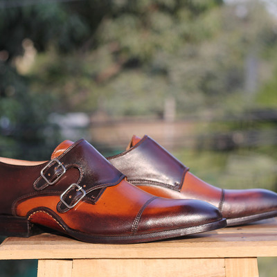 Handmade tan brown leather stylish shoes, men's cap toe double monk formal shoes - Thumbnail 3