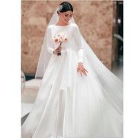  Wedding Dresses Modest Satin Bateau Neck Long Sleeves Sweep Train Plus Size Country Bridal Gowns Vestidos De Noiva - Thumbnail 1