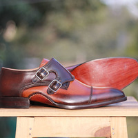 Handmade Tan Brown Leather Stylish shoes, Men's Cap Toe Double Monk Formal Shoes - Thumbnail 1