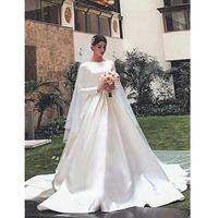 Wedding Dresses Modest Satin Bateau Neck Long Sleeves Sweep Train Plus Size Country Bridal Gowns Vestidos De Noiva - Thumbnail 2