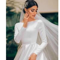  Wedding Dresses Modest Satin Bateau Neck Long Sleeves Sweep Train Plus Size Country Bridal Gowns Vestidos De Noiva - Thumbnail 3