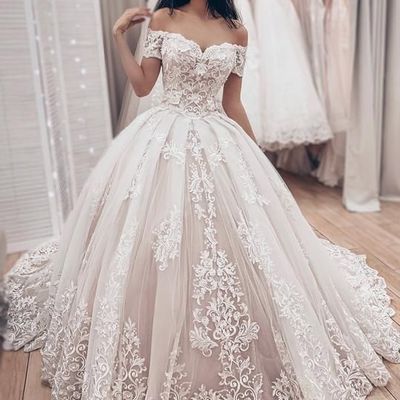Off the shoulder tulle wedding dresses, lace puffy bridal gowns