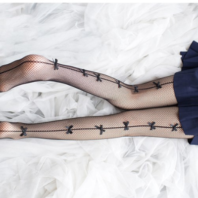 Sexy vintage style women's black fishnet stocking with bows - Thumbnail 3