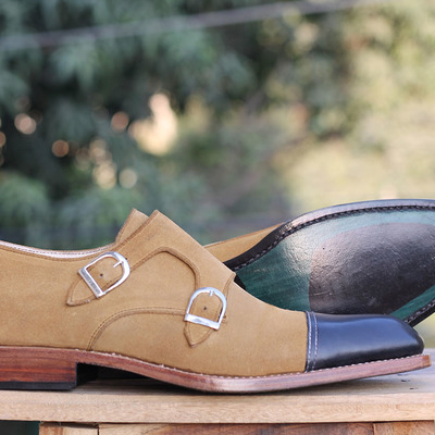 Handmade beige brown leather suede shoes, men's cap toe double monk formal shoes - Thumbnail 3