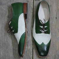 Handmade Green Cream Lace Up Suede Leather shoes, Men's wingtip Brogue Casual Shoes - Thumbnail 2