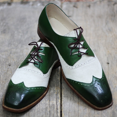 Handmade green cream lace up suede leather shoes, men's wingtip brogue casual shoes - Thumbnail 3