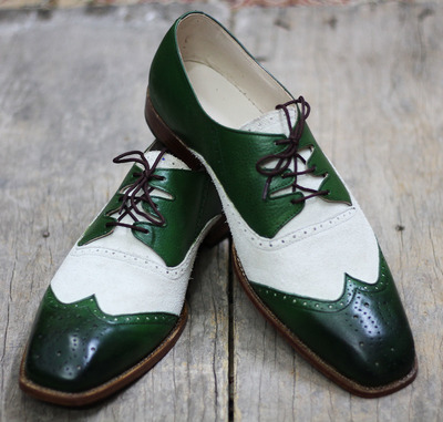 Handmade Green Cream Lace Up Suede Leather shoes, Men's wingtip Brogue Casual Shoes