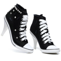 Black Canvas Denim Rivet Lace up High Heels Shoes - Thumbnail 2