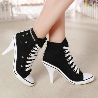 Black canvas denim rivet lace up high heels shoes