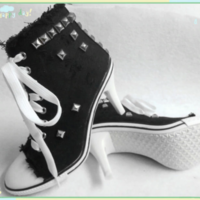 Black Canvas Denim Rivet Lace up High Heels Shoes - Thumbnail 3