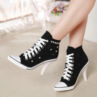 Black Canvas Denim Rivet Lace up High Heels Shoes - Thumbnail 4