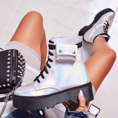 Lace up holographic biker boots