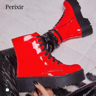 Harajuku lace up red and black side zip ankle boots