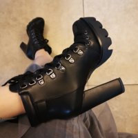 PU Leather Black Platform Ankle Boots - Thumbnail 2