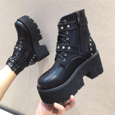 Black buckle design rivet ankle boots