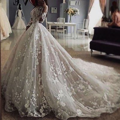 Bateau long sleeves wedding dresses bridal gowns with appliques - Thumbnail 4