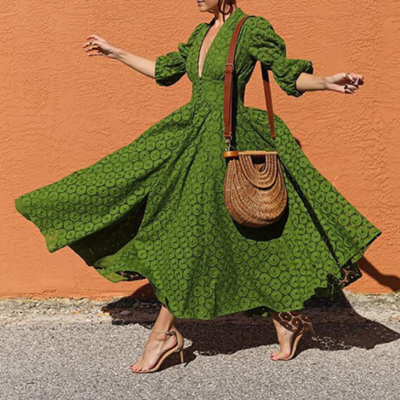Solid green stylish bohemian long dress