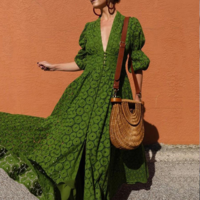 Solid Green Stylish Bohemian Long Dress - Thumbnail 1