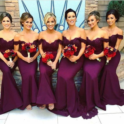 Off the shoulder mermaid grape bridesmaid dresses - Thumbnail 3