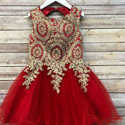 Red tulle flower girl dresses with gold appliques - Thumbnail 4
