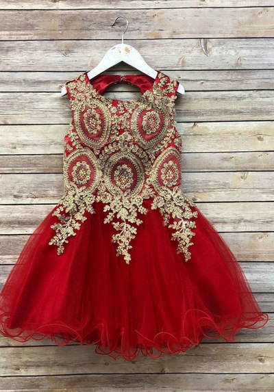 Red Tulle Flower Girl Dresses with Gold Appliques